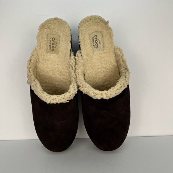 CROCS Sarah Leather Clogs Shearling Lined Mules Brown Shoes Womens Size 8 - Picture 7 of 12